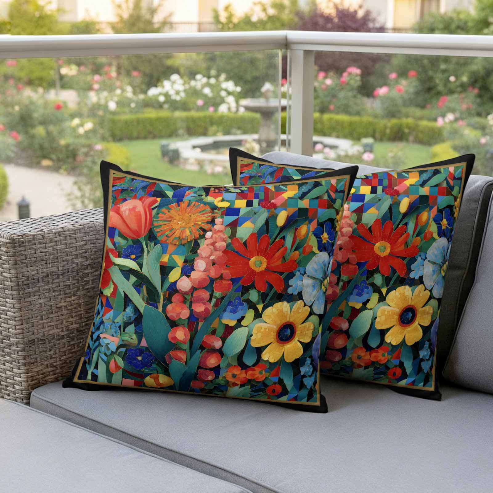 Spring Wildflowers Waterproof Outdoor Throw Pillow Covers 26"x26" Pack 2, Pillow Cases Throw Cushion Cover with Zipper, Modern Abstract Art Daisy Floral Leaves Washable Pillowcase for Poolside Sofa