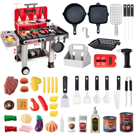 JUGAAD LIFE 43 PCS Kids BBQ Grill Playset, Pretend Play Kitchen Toy Set, Barbecue Toy with Wheels, Sound Light, Outdoor Food Toys Cooking Set for Toddler, Birthday Gift Boys Girls