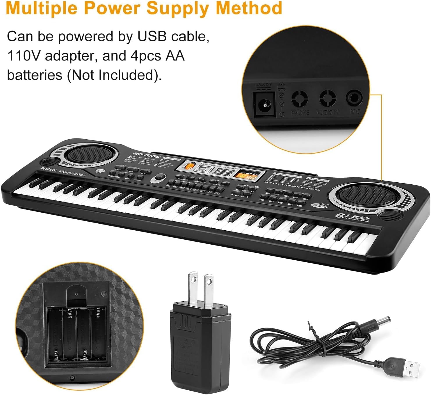 Anself 61 Key Keyboard Piano, Electronic Keyboard Piano with Microphone for Kids Gift, Black