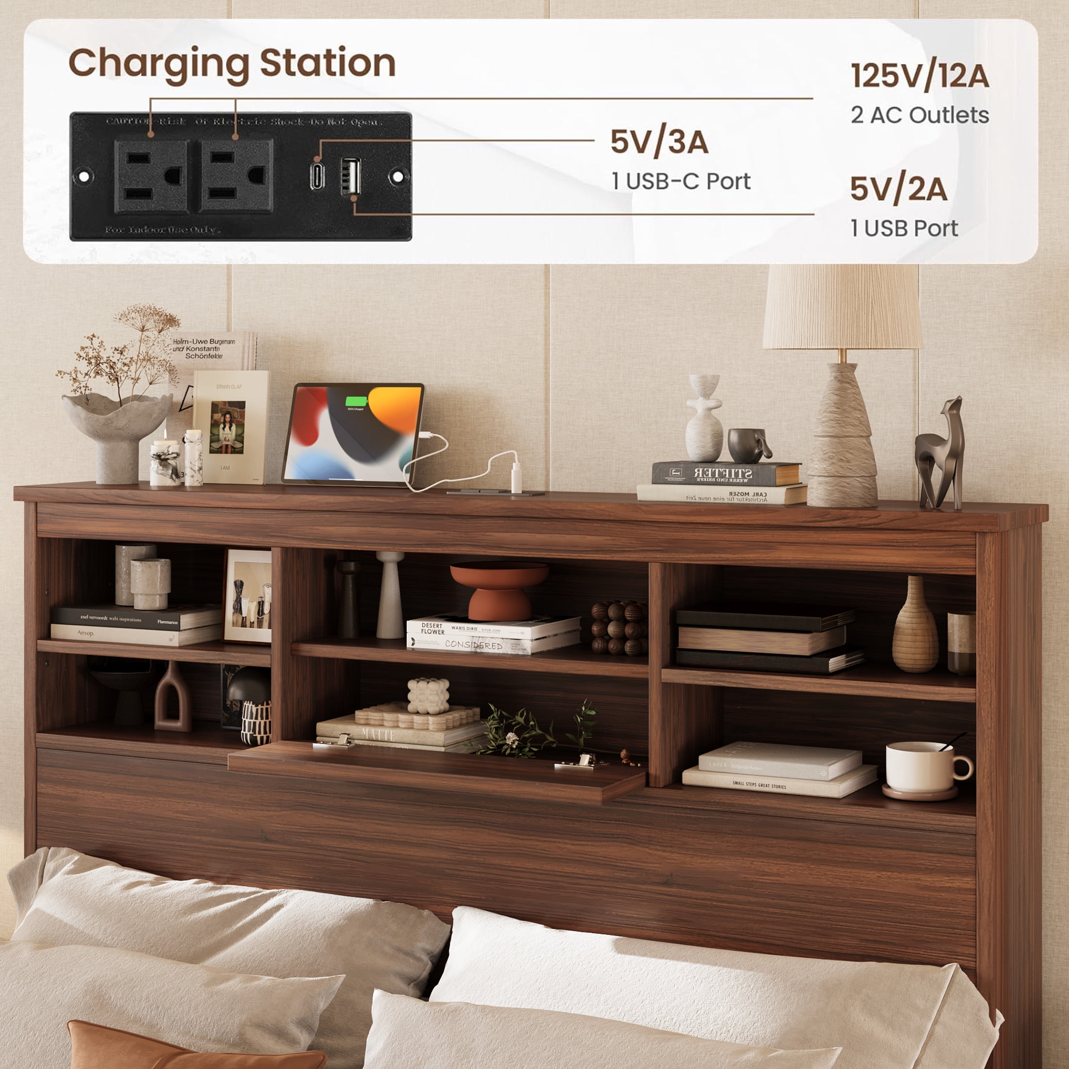 Noble House 4PCS Bedroom Set, Queen Bed with Storage Headboard & Charging Station, 2 Nightstands, 5-Drawer Dresser,Walnut