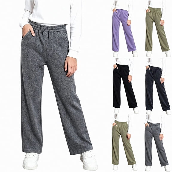 HAOTAGS Girls Sweatpants (3-13) Elastic Waist Wide Leg Casual Loose Trousers with Side Pockets Gray Size 7