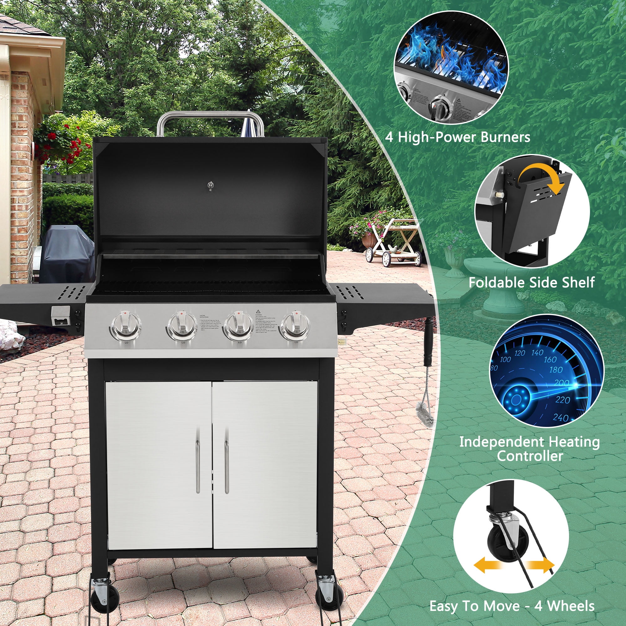 4-Burner Gas Grill with 4 Universal Wheels & Bottle Opener, 40000BTU Outdoor Grill with Side Table for Camping, Black & Sliver