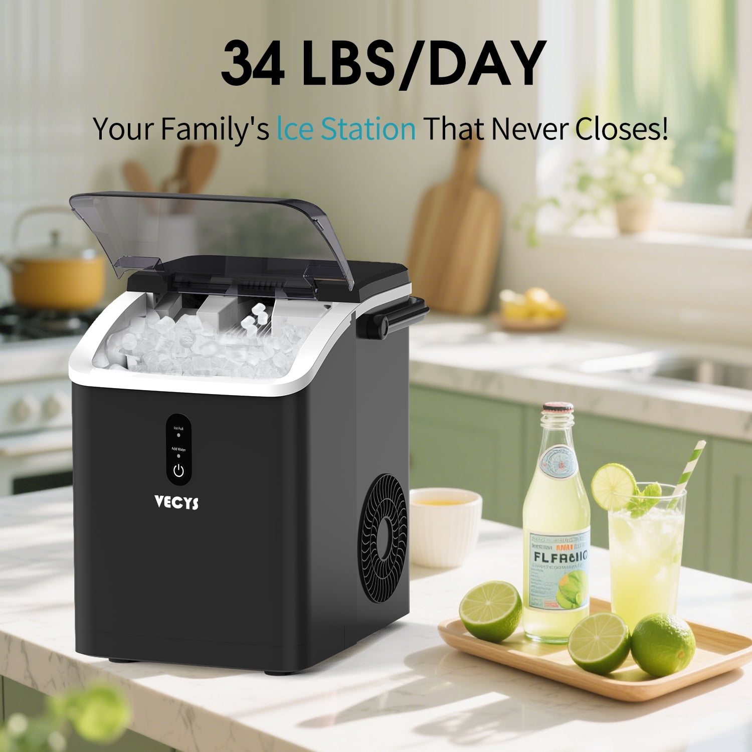 VECYS Nugget Ice Maker, 34LBS/Day Countertop Ice Machine, Self-Cleaning Portable Pellet Ice Maker, Chewable Sonic Ice for Home, Office, Bar