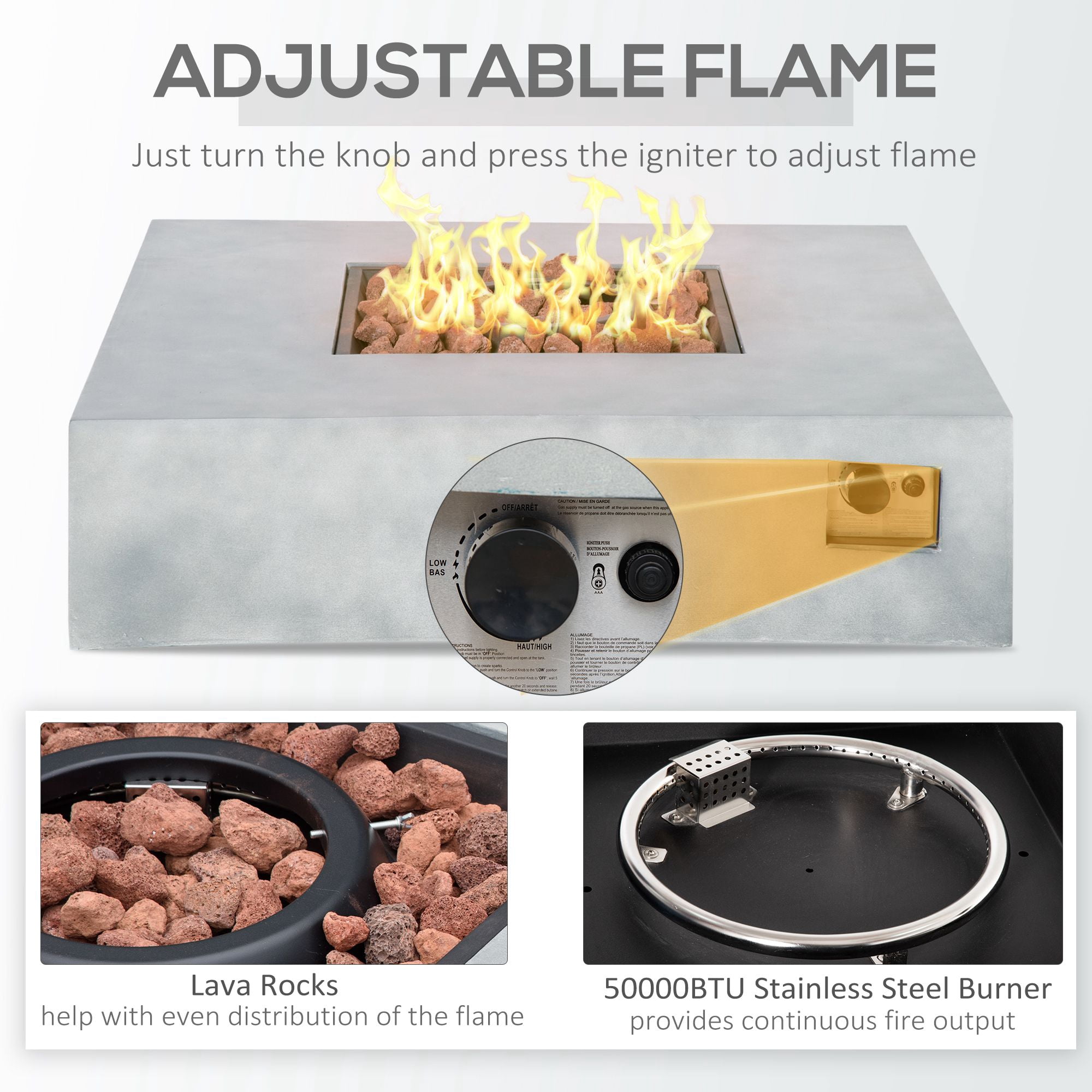 Outsunny Outdoor Propane Fire Pit Table Faux Grey Ledge Stone 42-inch Square Fire Table, 50,000BTU Auto Ignition Gas Firepits with Protective Cover