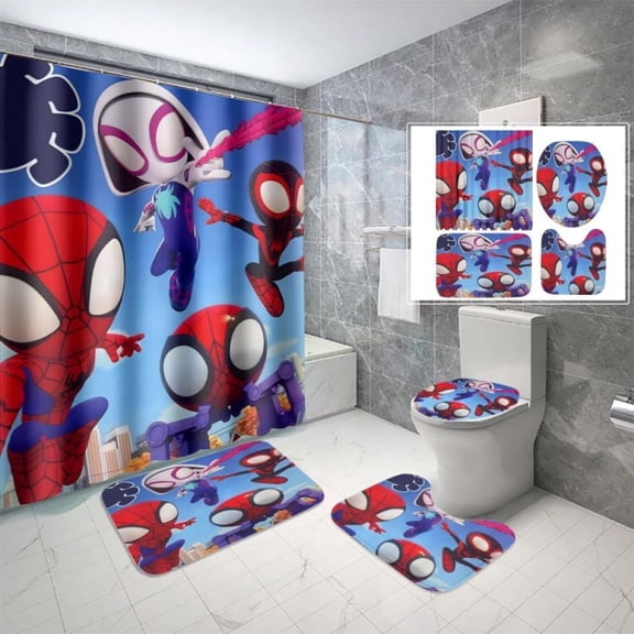 Lheaggik Cartoon Spide Web 4 Pcs Bathroom Sets with Shower Curtain and Rugs, Waterproof Polyester Shower Curtain Sets with Hooks
