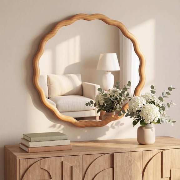 Perfnique Round Wavy Mirror, 24'' Wood Framed Circle Mirrors for Wall Decor, Tempered Glass Scalloped Mirror for Bedroom Living Room Entryway Nursery Decorative