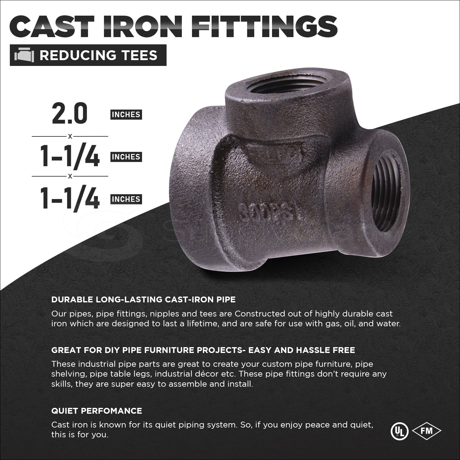 Supply Giant 2" x 1-1/4" x 1-1/4" BLack Pipe Fitting Reducing Tee Cast Iron