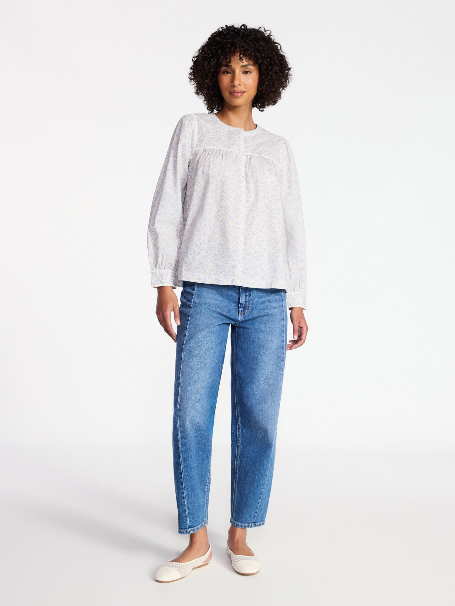 Time and Tru Women's Embroidered Cotton Button Front Shirt with Long Sleeves, Sizes XS-XXXL