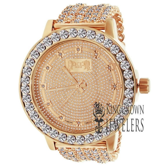 Rose Gold Tone Analog Solitaire Bezel Real Diamond Dial Iced Out Custom Band Mens Luxury Solid Steel Back Watch W/Date