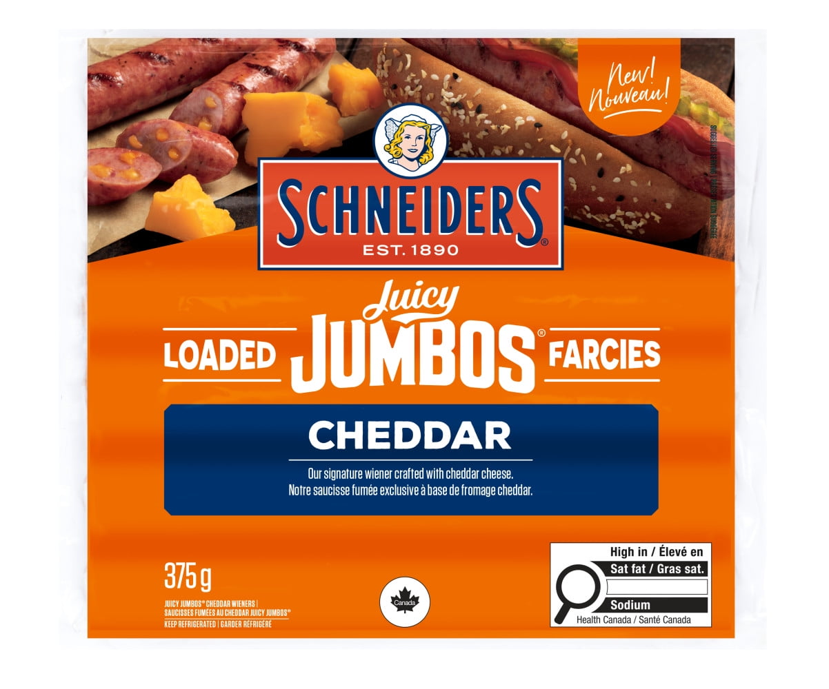 Schneiders Juicy Jumbos® Loaded Cheddar Hot Dogs, 375 g