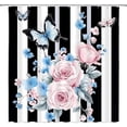 thumbnail image 2 of Floral Stripe Shower Curtain Pink Spring Watercolor Flower Butterfly Black White Stripes Rose Flowers Elegant Women Blue Nature Polyester Fabric Bathroom Curtain Sets Hooks-72"W x 86"L (Pack of 1), 2 of 7