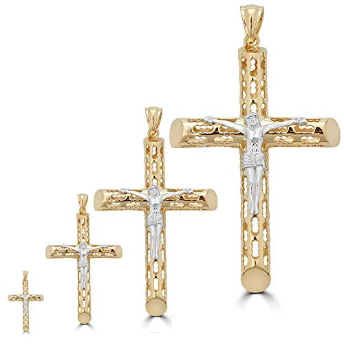 Solid 925 Sterling Silver Men's Cross with Jesus Pendant - 14k Gold Plated 1-3" Small Medium Or Large Crucifix - Necklace (Medium (1.75"))