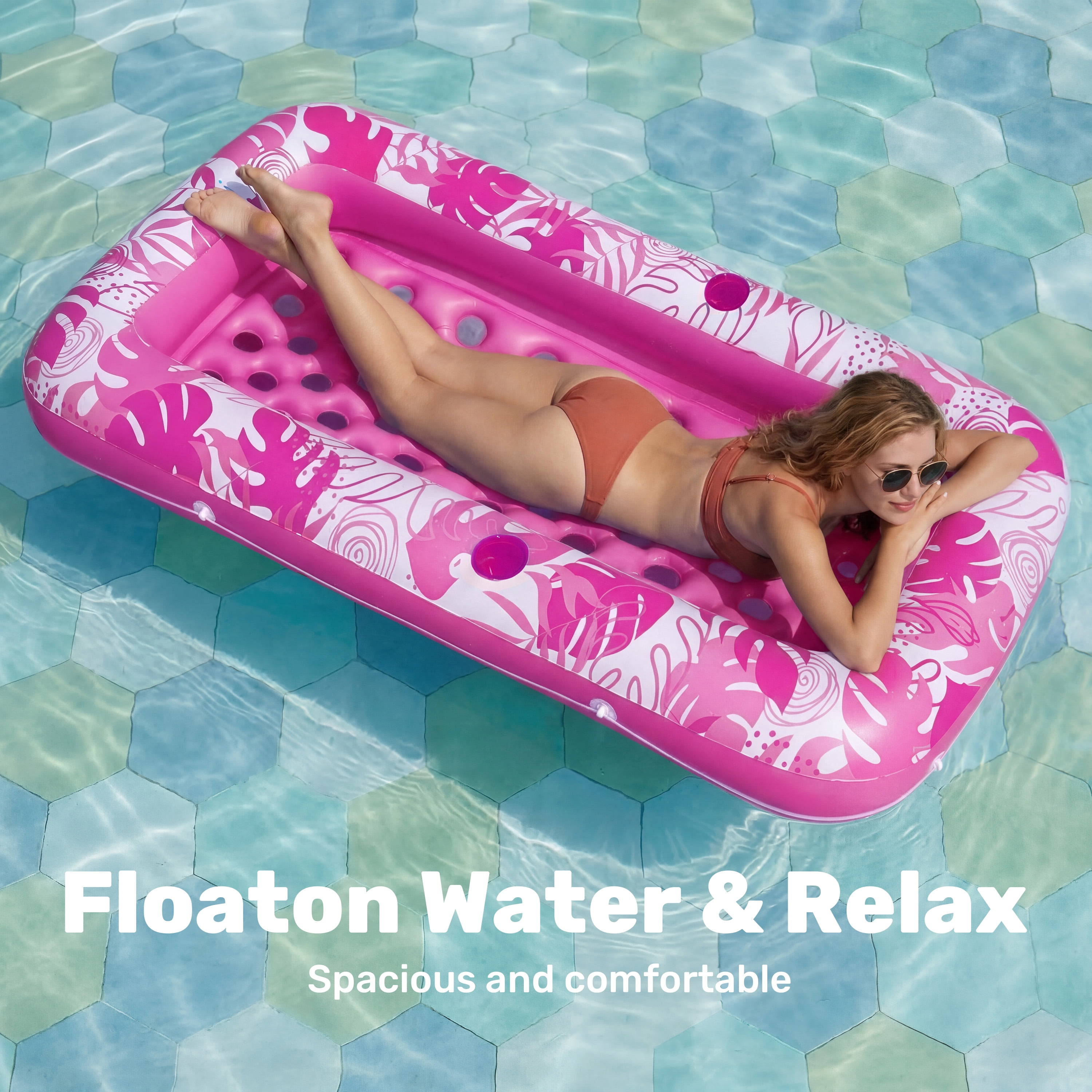 Joyfy Inflatable Pool Floats for Adults, 72" x38'' Daybed Pool Lounger Adults with Cup Holders, Adjustable Backrest Tanning Lounger Chair, Ultra-Comfort Pool Floaties Raft Lake Beach Float(Pink)