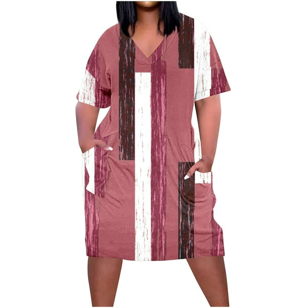 Vestido Corto de Verano Moda Grande Impresión de Manga Corta Cuello en V Bolsillo Mini Vestido para Casual Y Diario