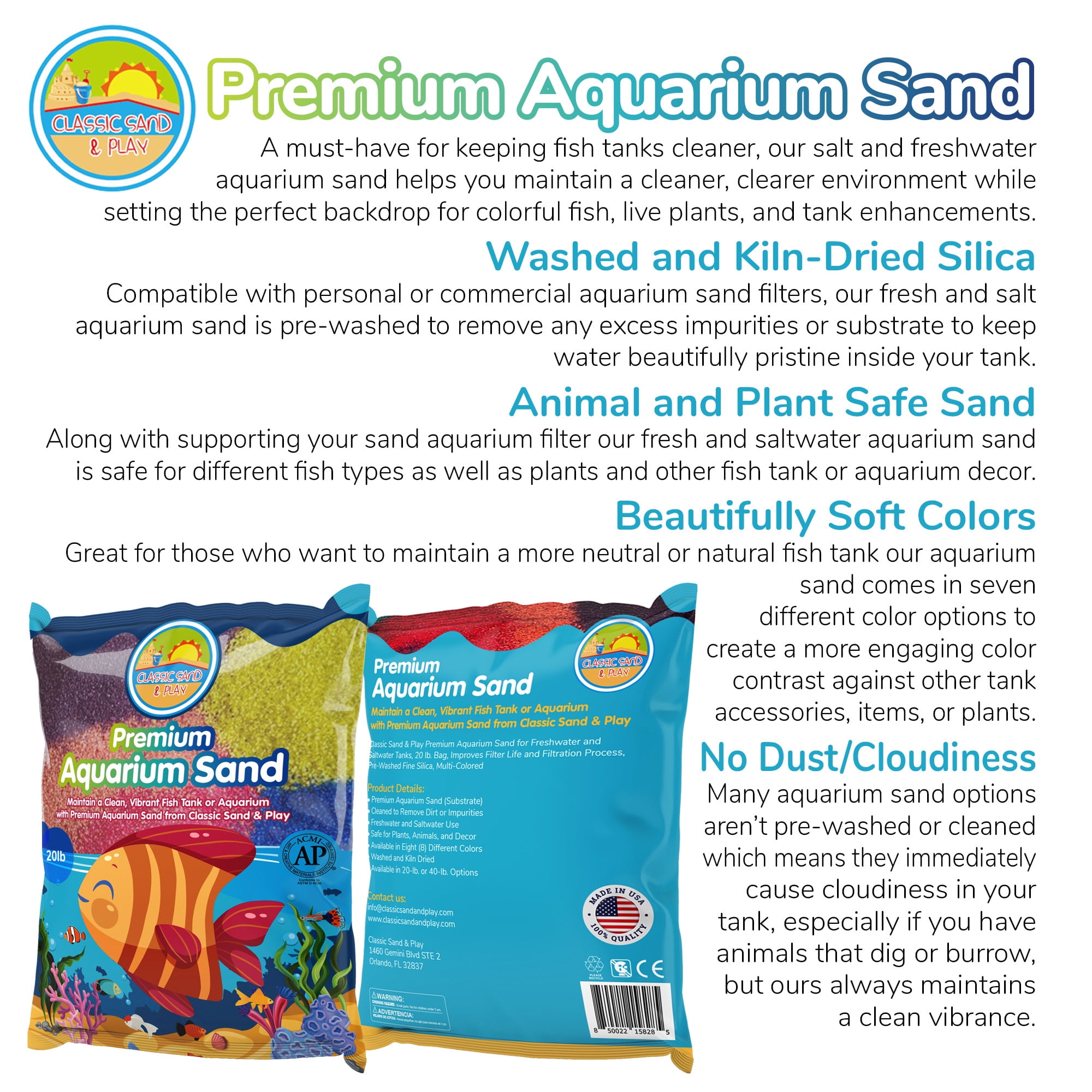 CLASSIC SAND & PLAY Natural Aquarium Sand for Freshwater and Saltwater Tanks, 20 lb. Rainbow