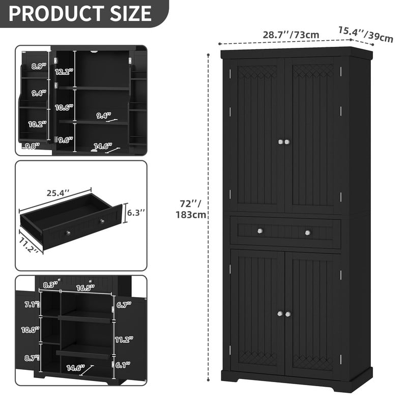 Uforic 72'' Tall Kitchen Pantry Cabinet with Drawer, 4 Door Pantry Storage Cabinet with Adjustable Sliding Shelve, Freestanding Buffet Cupboards, Food Pantry Cabinet for Dining Room, Kitchen, Black