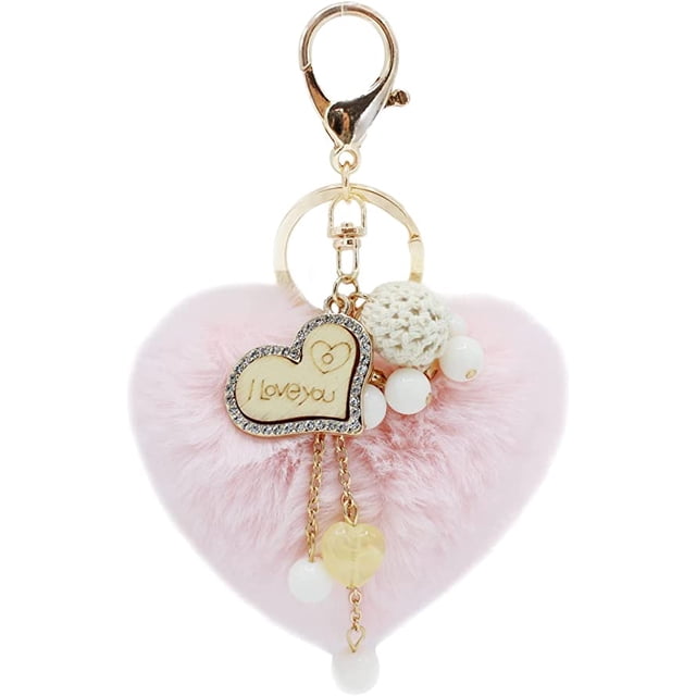 Llaveros con pompones y forma de corazón para mujer, llaveros con pompones de piel sintética, accesorios para bolsos, llaveros con forma de bola de pelo, colgantes para mochilas para niñas (rosa)