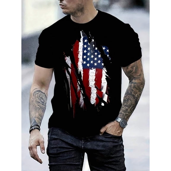 Men Patriotic Flag 3D Print -Casual Crew Neck Short Sleeve Lightweight T-Shirt Suitable Summer Outdoor Activities Flag ClothingPlus Pure Cotton
