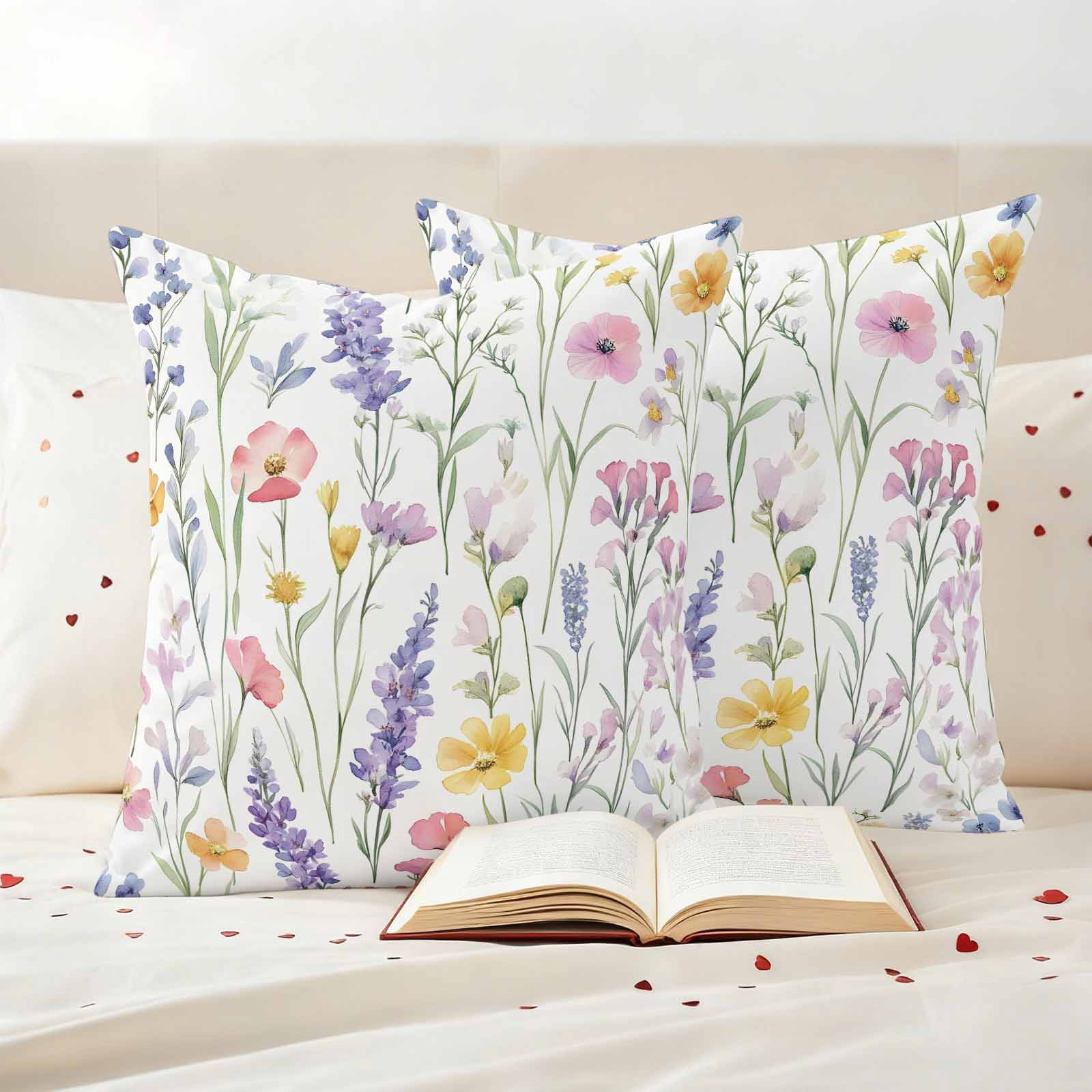 Spring Flower Pillow Covers 2 Pack Watercolor Retro Lavender Plant Wildflower Pillowcase Waterproof Outdoor Throw Pillow Cover for Patio Garden Square Cushion 24”x24”