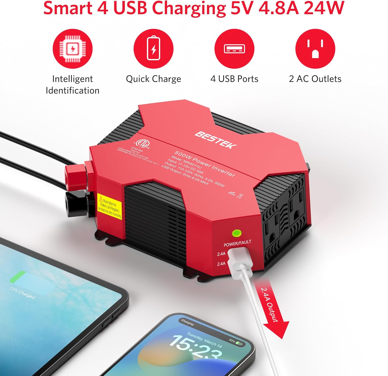500 Watts Power Inverter DC 12V to AC 110V Power Converter with 4 USB Charging Ports Car Adapter for Christmas String Lights