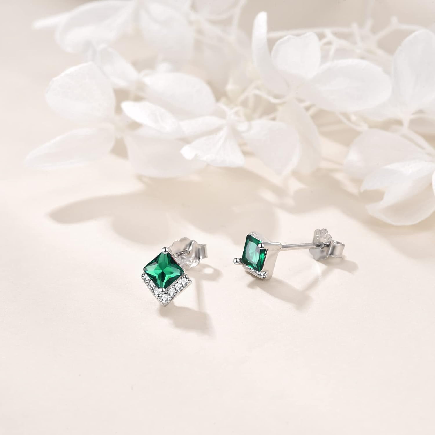 Birthstone Stud Earrings Sterling Silver Square Created Emerald Bright Green Crystal May Earrings Cubic Zirconia Piercing Jewelry Small Gifts for Women Mothers