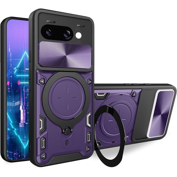 KOMI for Google Pixel 9A Case with Magnetic Ring Kickstand, Lens Protection Shockproof Stand Case with Slide Camera Cover for Pixel 9A Purple