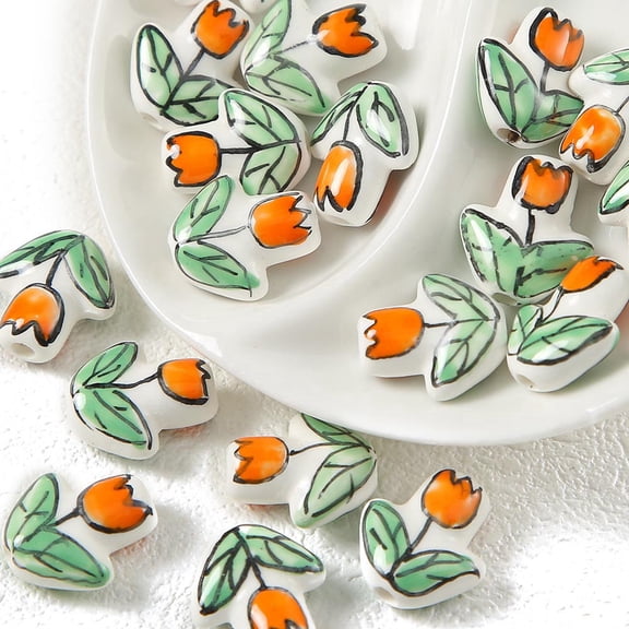 6 pc Handmade Porcelain Bright Glazed Beads Flower Orange 10mm