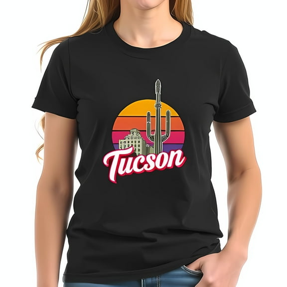 Retro Tucson Graphic Cotton Short Sleeve T-Shirt - Sunset Design with Saguaro Cactus & Vintage Building