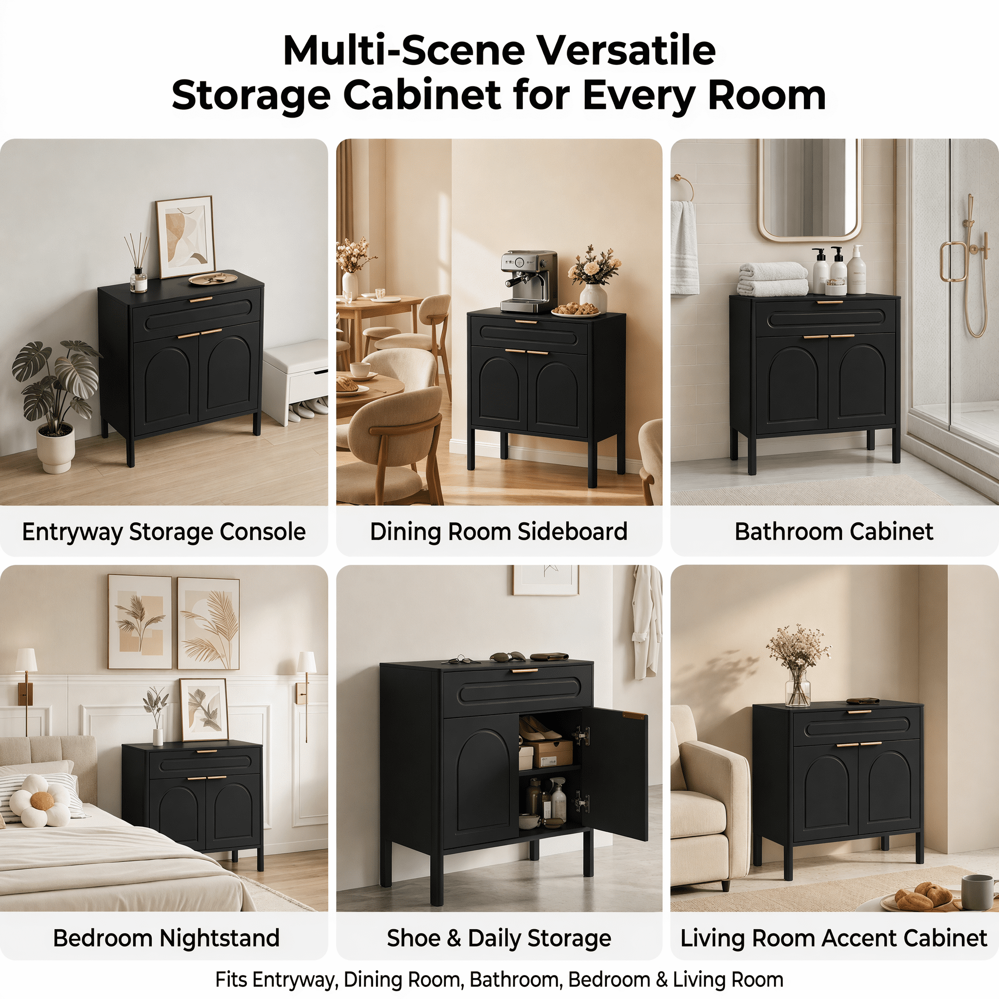 GARITIN Arched Accent Storage Cabinet 29.5 Inch, Freestanding Sideboard Buffet with Drawer and Gold Metal Handles for Entryway Living Room, Black