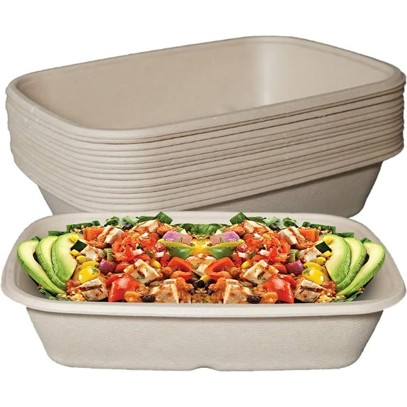 (250 Pack) EcoQuality 29oz Disposable Bowls - Rectangular Compostable Sugarcane Fiber Biodegradable Paper Bowls Eco-Friendly Oblong Take Out Food Containers, Food Storage, Microwave Safe, Meal Prep