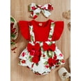 thumbnail image 2 of Genuiskids Newborn Infant Baby Girls Outfits Set Fake 2Pcs Suspender Bowknot Patchwork Donut/Flower Printed Ruffle Triangle Romper with Headband 0-24M, 2 of 9