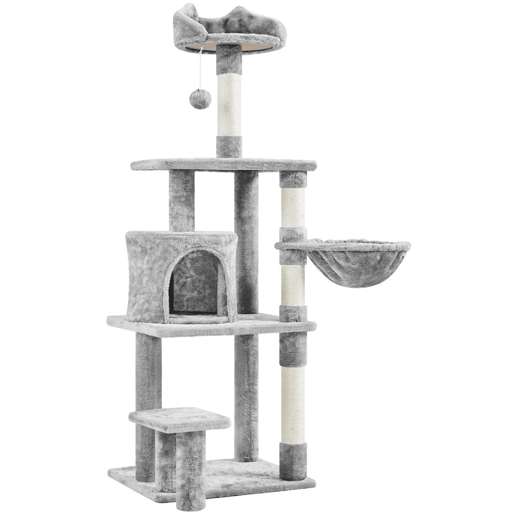 Alden Design 57″ Tall Multi Level Cat Tree with Basket & Condo & Scratching Post, Light Gray
