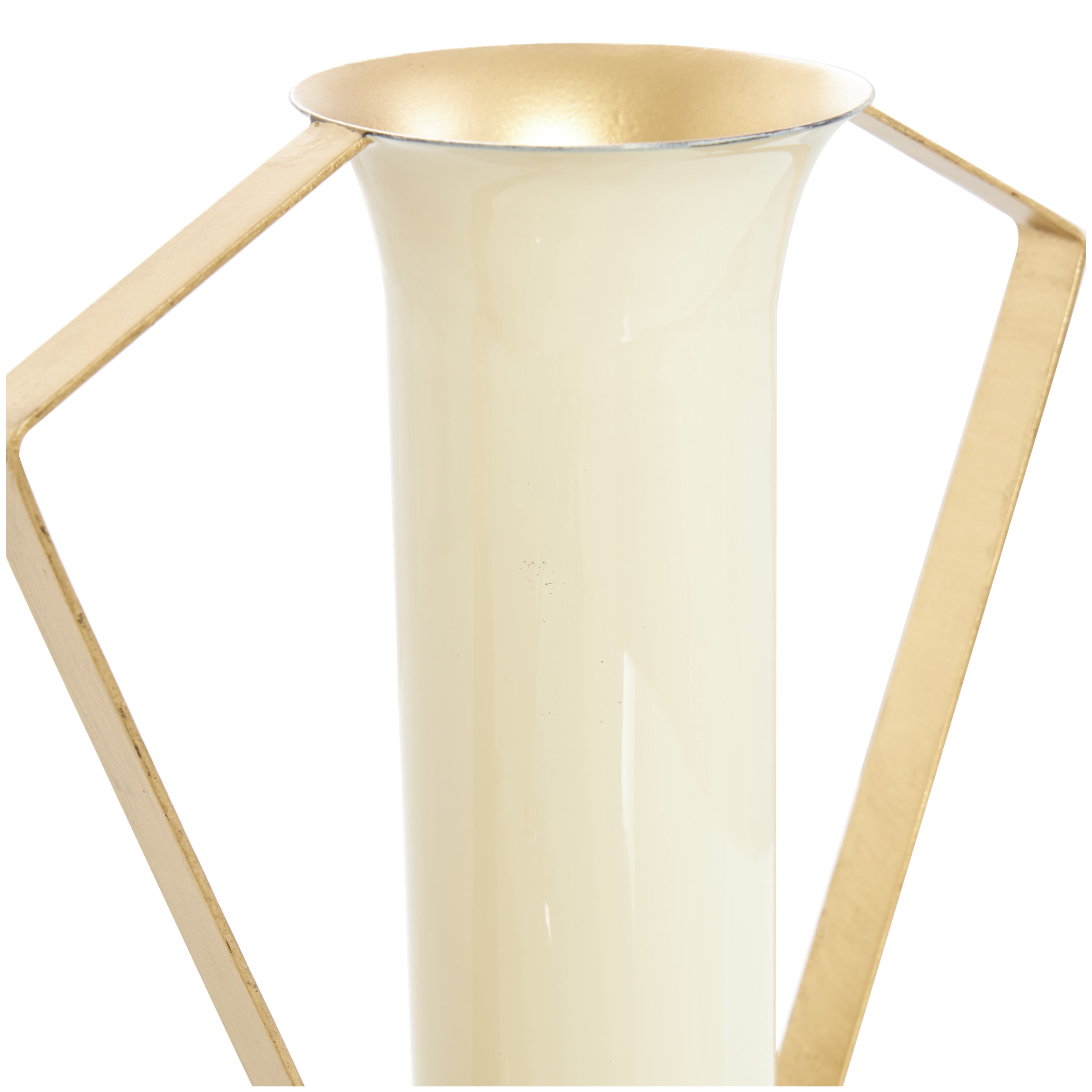 CosmoLiving by Cosmopolitan 11", 12", 12"H Abstract Cream Metal Vase with Varying Shapes and Geometric Gold Handles, Set of 3
