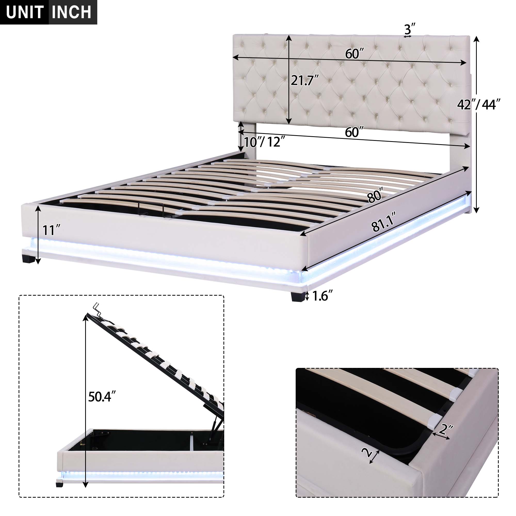 Aukfa Queen Upholstered Platform Bed with LED Light, Lift Up Storage Bed with Hydraulic Storage System - Beige