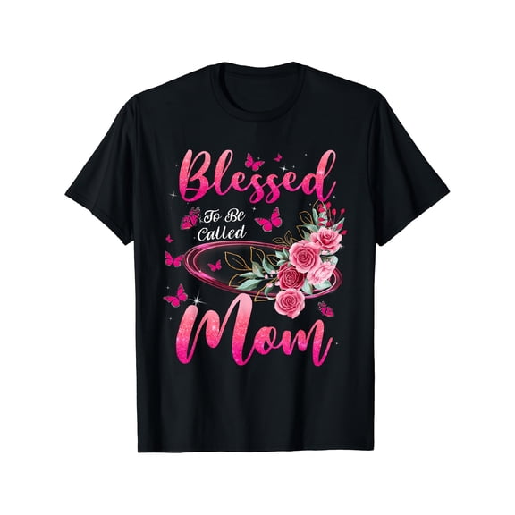 Women's Blessed Pink Floral Butterfly Mom Graphic T-Shirt