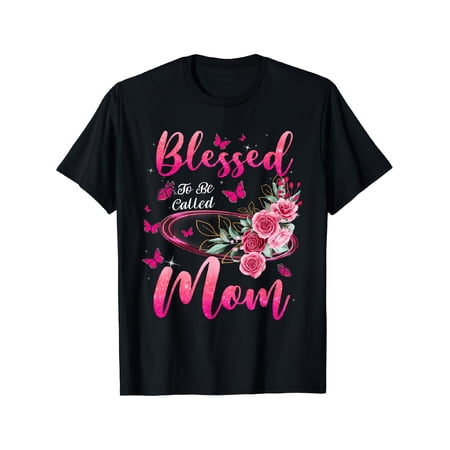 Women's Blessed Pink Floral Butterfly Mom Graphic T-Shirt