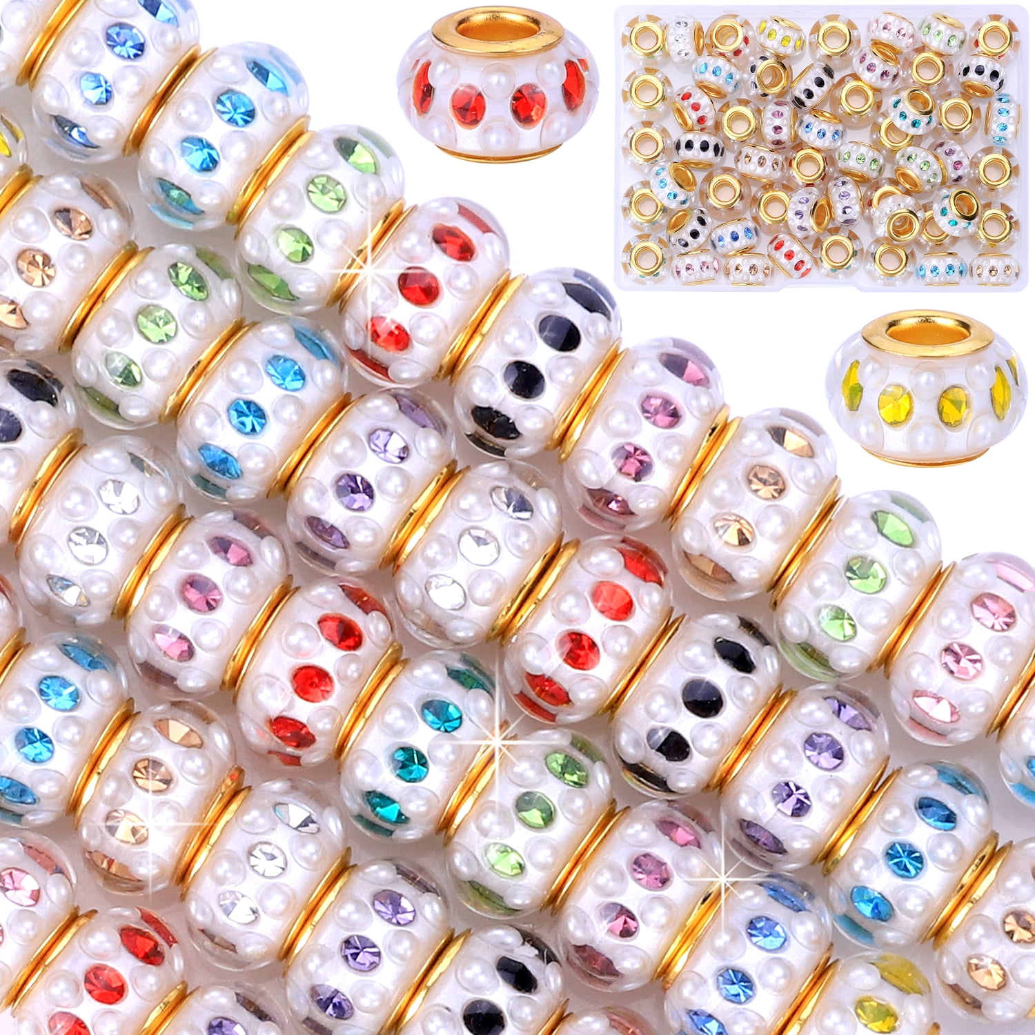 50 Pieces Girls' Lucky Beads Lover Amber Beads, Large Hole Spacer Beads European Craft Murano Beads for DIY Charms Bracelet Jewelry Making(Golden core+Mixed Rhinestones)