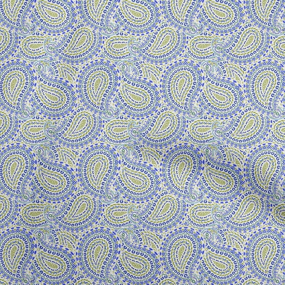oneOone Cotton Cambric Medium Blue Fabric Asian Paisley Block Dress Material Fabric Print Fabric By The Yard 42 Inch Wide