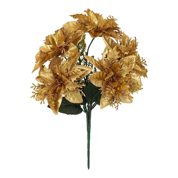 Artificial Poinsettia Flowers Fake Flowers Ornaments Glitter Faux Flowers 5 Stem Poinsettia Floral with Stem Leaf for Home Valentine's Day Party DIY Craft Holiday Vase Decor, 1Pc(Gold,15.7x2")