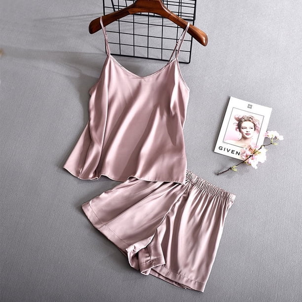 Pijama de seda de hielo de dos piezas con pantalones cortos y tirantes de color liso para mujer