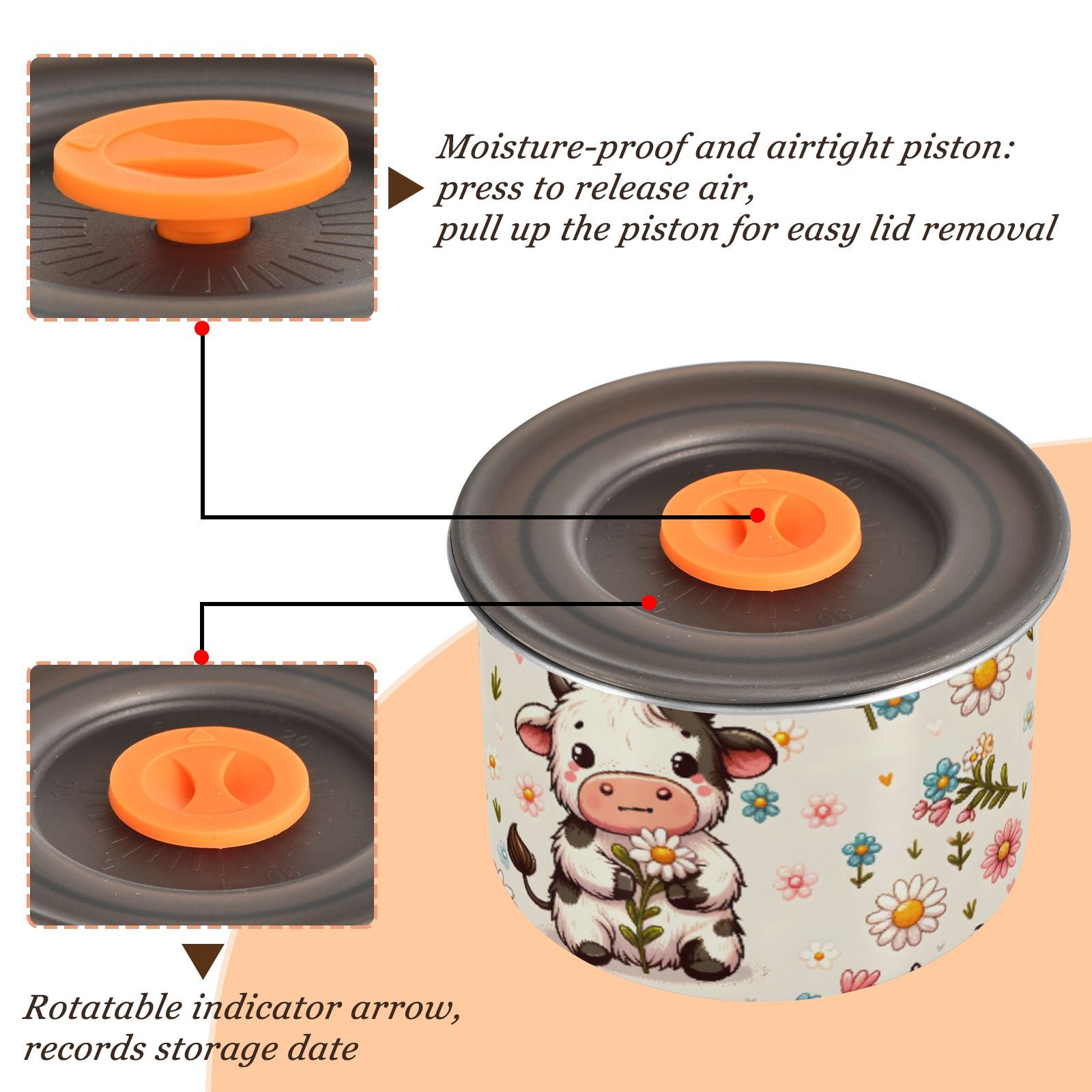 Cute Cow Daisy Flower Airtight Coffee Bean Canister 30oz Food Storage Containers with Lids For Gournd, Tea, Sugar, Flour, Rice, Cereal, Candy Cookie Jar