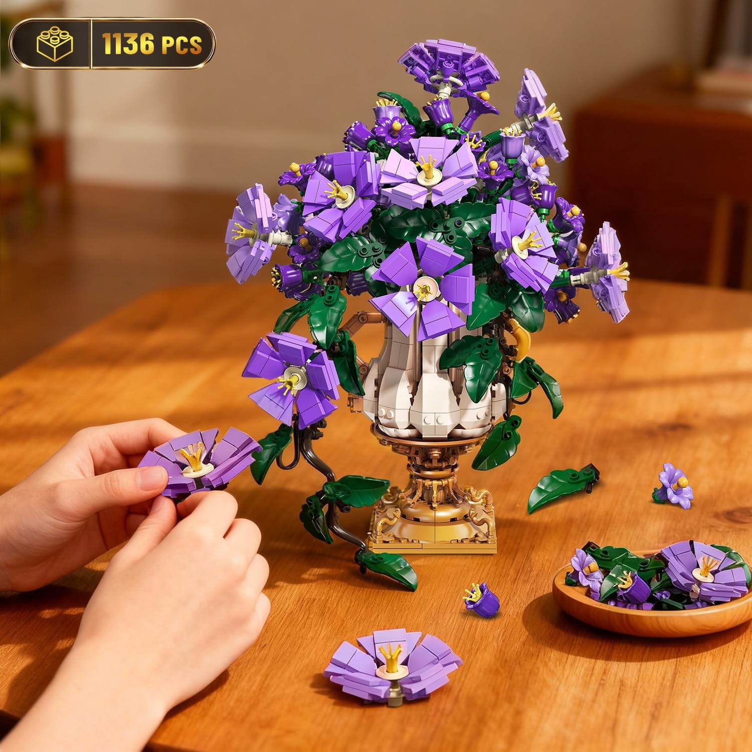 TERRAMUS Morning Glory Bouquet Building Set with Wall Mount, 1136 PCS Artificial Flower Blocks, 2-in-1 Desk Wall Display Construction Toy for Ages 12+
