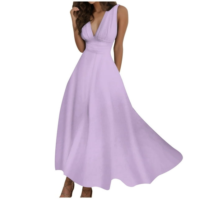 Women's Spring Summer V-Neck Sleeveless Side Zipper Long Dress - Pleated Polyester, Fashionable for Work & Night Out