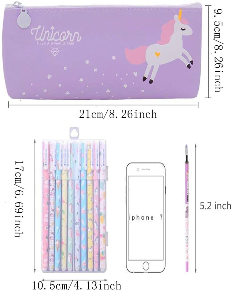 Unicorn Pencil Bag Stationary Sets for Girls, 10 Pcs Colorful Unicorn Pens  with Pencil Case School Gift Kids Birthday Present for Age 6 7 8 9 10 11 12