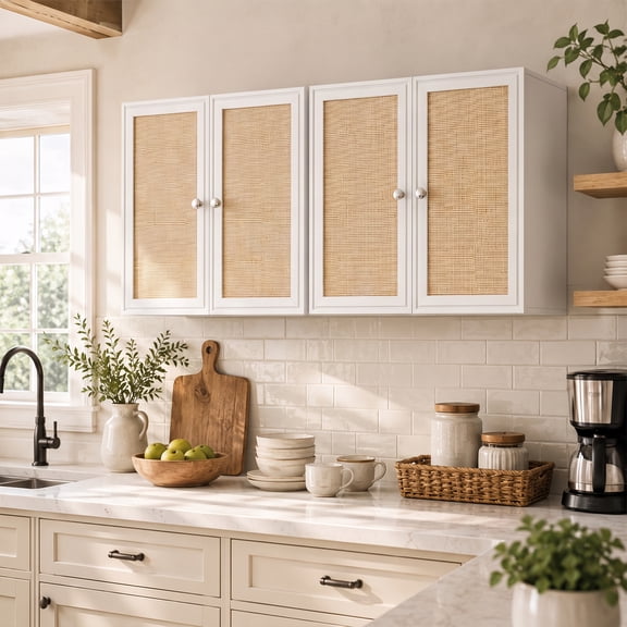 48 Inches Laundry Room Wall Cabinets Bathroom Cabinets Wall Mounted with Adjustable Shelves, Rattan Wall Cabinet for Bedroom, Kitchen, Bathroom