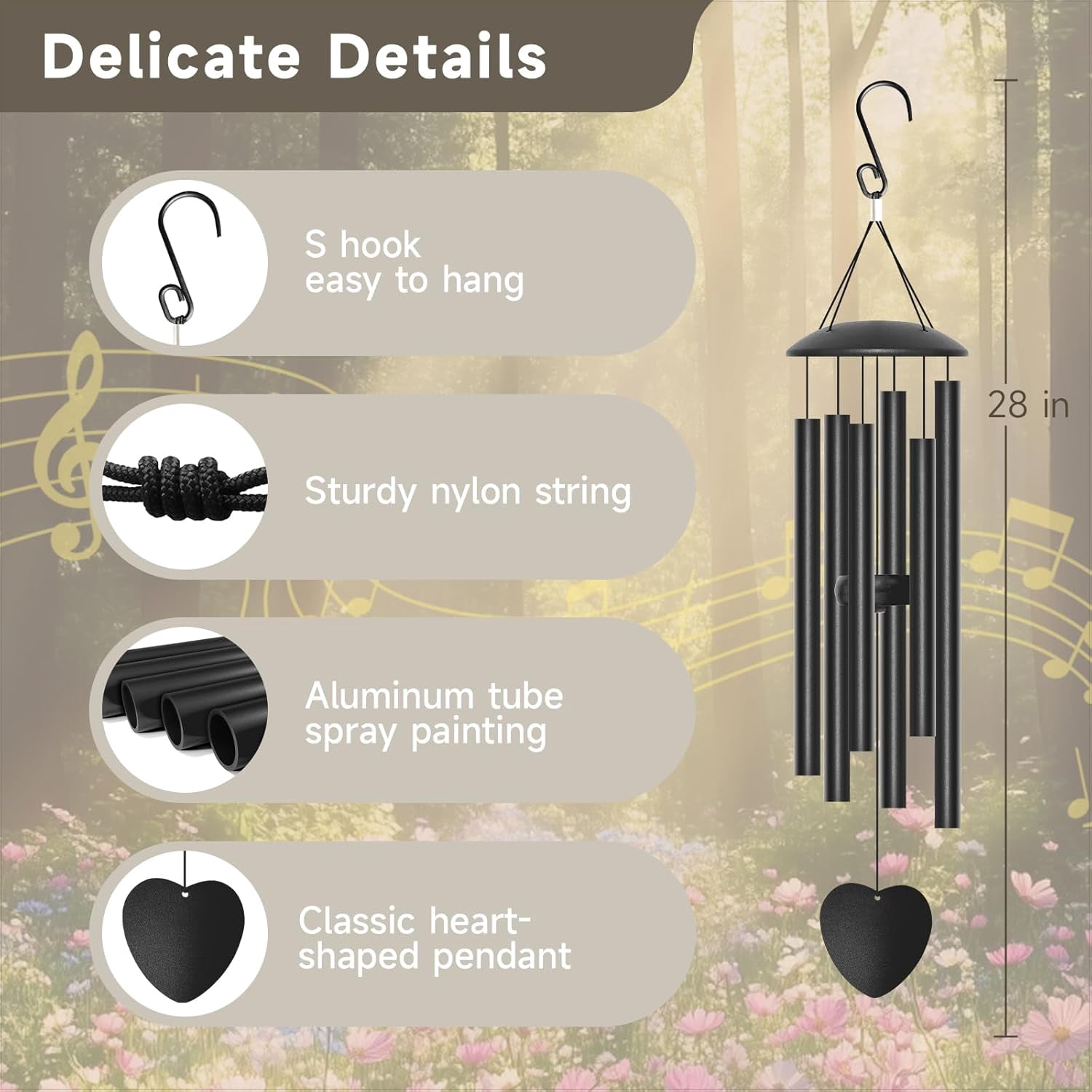 28" Wind Chimes for Outside, Metal Outdoor Wind Chimes with Soothing Melodic Tones, Wind Chime Unique Gift for Mom, Grandma, Perfect Outdoor Garden Decor(Heart-Shape)