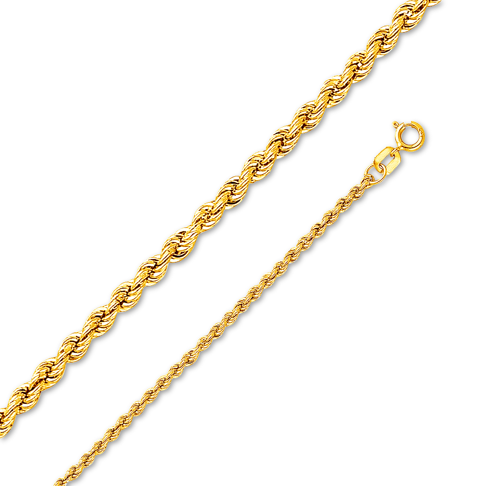 14k Yellow Gold 2mm Hollow Rope Chain Necklace 20"