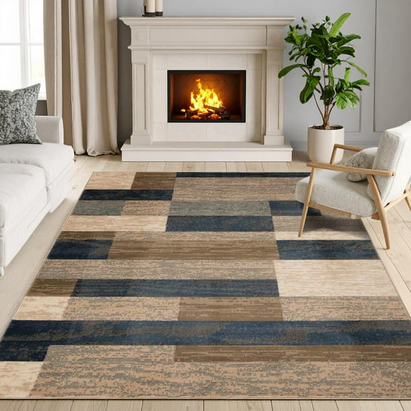 Superior 7' x 9' Area Rug For Living Room Bedroom, Rockwood Geometric Indoor Rugs, Midnight Navy