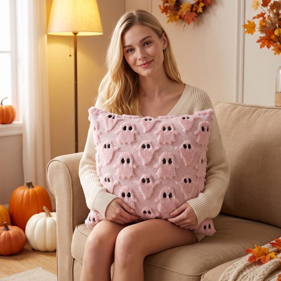 Pink Decorative Pillow, Pink Fluffy Ghost Halloween Decor Pillow Case, for Spooky Yet Cute Halloween Bedroom Decor, Pink Dorm Decor, and Cozy Home Decor Use, This 16X16 Inch Ghost