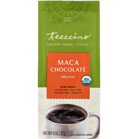 Teeccino Maca Chocolaté Chicory Coffee Alternative - Ground Herbal Coffee That’s Prebiotic, Caffeine Free & Acid Free, Dark Roast, 11 Ounce